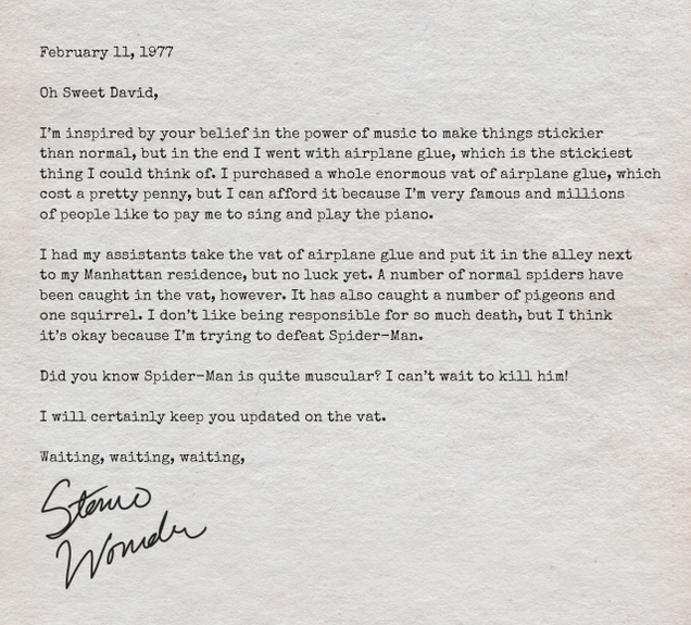 Illustration for article titled These Letters Between David Bowie And Stevie Wonder Show That They Thought Spider-Man Was The No. 1 Threat To Their Careers